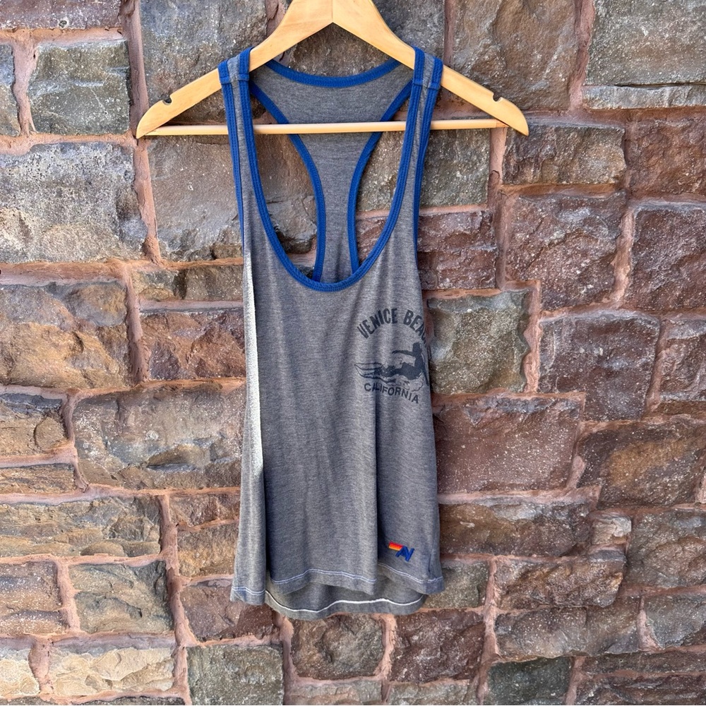 ✨AVIATOR NATION HEATHER GRAY W/BLUE VENICE BEACH RACERBACK RINGER TANK S - Picture 3 of 8